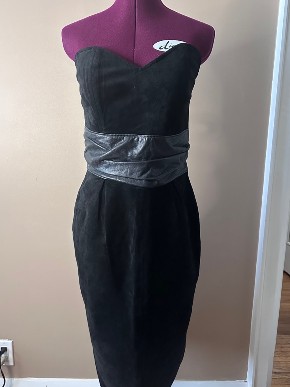 Vintage Black Suede & Leather Strapless Dress, Sweatheart Neckline, Lined,Edgy